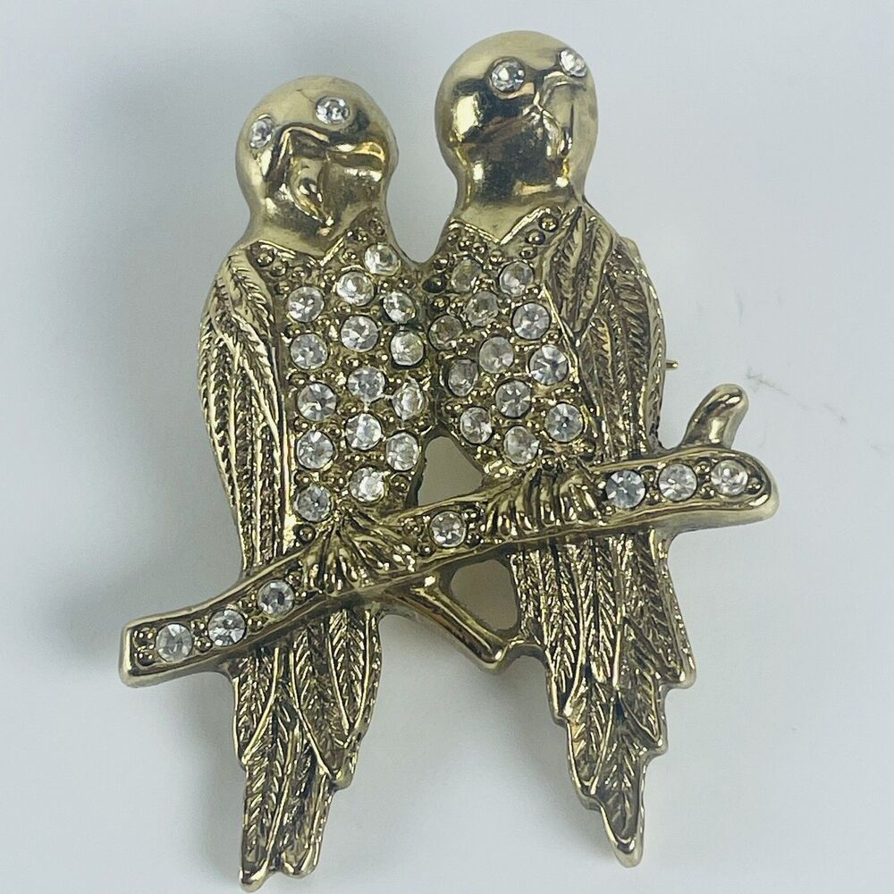 VTG Gold Tone Love Birds Parrots Brooch Pin Branch White Rhinestones 1.5"
